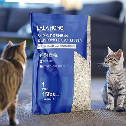 Premium Bentonite Cat Litter Sodium-Based, Clumping Cat Litter, Dust-Free, Strong Durability, Odor Control, Unscented Natural Mineral Formula Kitty Litter Bluk for RealScooper, 3 x 15 lb. Box