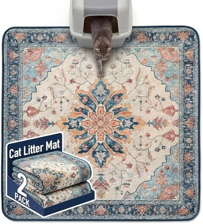 Hompet Cat Litter Mat 2 Pack, 54x54 Large Machine Washable Trapping Mats for Cats, Super Absorbent & Urine-Proof Cat Litter Box Mat for Floor, Waterproof & Non Slip Kitty Litter Rug