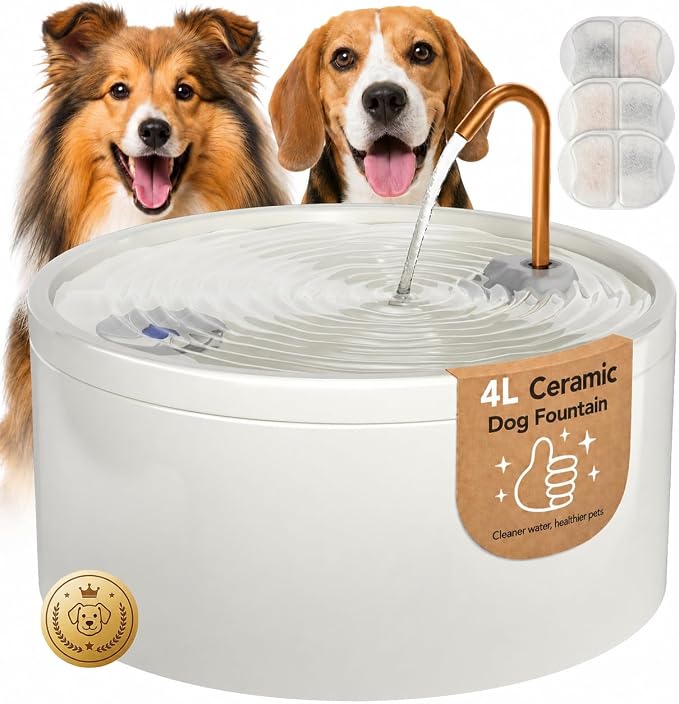 MISFANS Ceramic Dog Water Fountain, 4L/135oz/1.1Gal – All-Ceramic Body with Copper Water Spout – Pet Drinking Fountain for Medium & Small Dogs, Ultra-Quiet Pump, Includes 3 Filters & Sponges