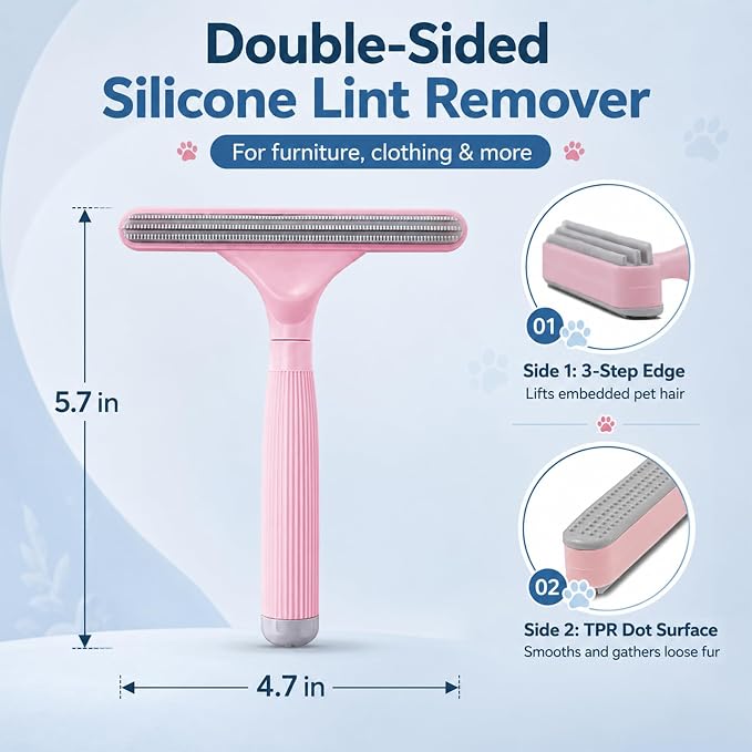 2 Pack Reusable Pet Hair Remover and Fabric Lint Scraper Set, Pink | Double-sided lint remover and flexible fabric scraper for dog cat hair on clothes, sofas, bedding, rugs and car seats.