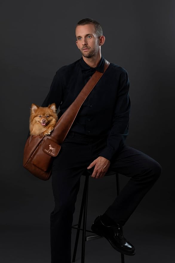 Noah & Paw Dog Sling Carrier for Small Dogs 5-18lb, Dog Sling for Small Dogs and Cats, Dog Carrier with Adjustable Padded Strap, Vegan Leather Lined with Fur, Double Safety Feature, Machine Washable