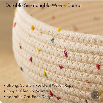 Cat Bed for Indoor Cats, 2-in-1 Cat Scratcher Bed, Round Washable Woven Basket with Soft Cushion, Cozy Kitten Bed, 17.7" x 5.9"