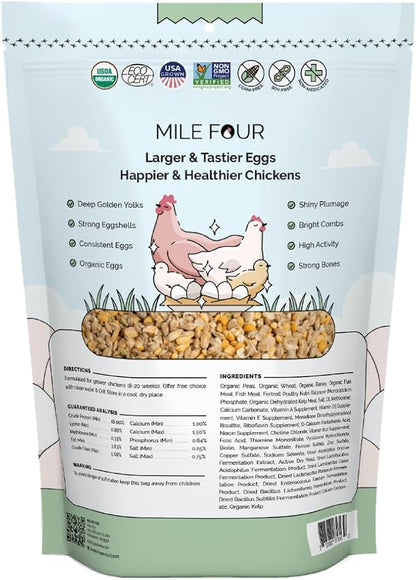 Mile Four Organic Chicken Feed – Grower Whole Grain, Non-GMO, USA Grown, 18% Protein, Corn-Free, Soy-Free, Non-Medicated Feed for Chickens, 2 lb Sample