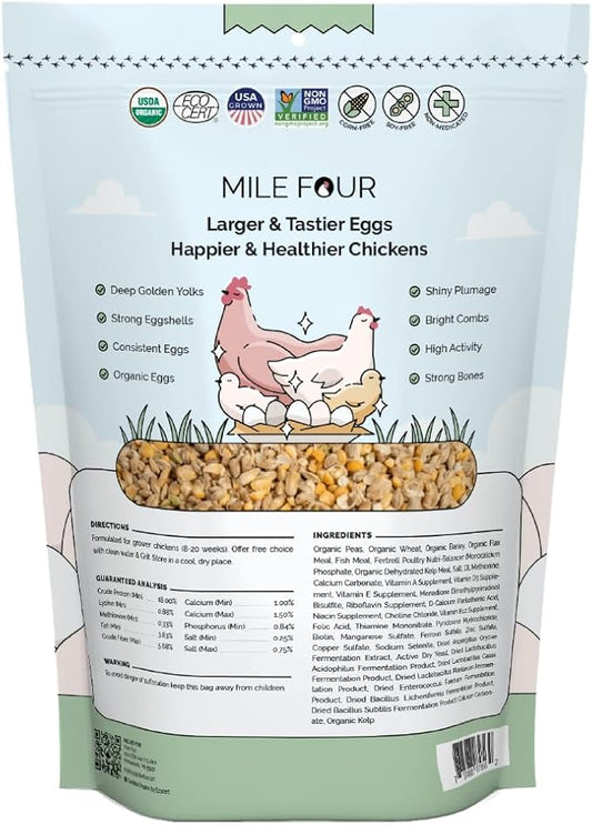 Mile Four Organic Chicken Feed – Grower Whole Grain, Non-GMO, USA Grown, 18% Protein, Corn-Free, Soy-Free, Non-Medicated Feed for Chickens, 2 lb Sample