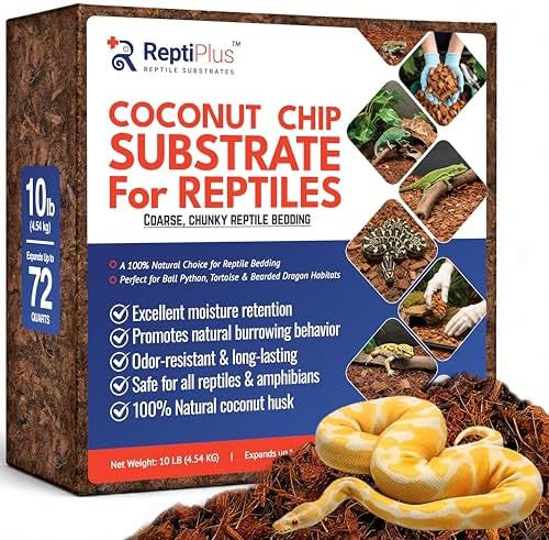 ReptiPlus Premium Coconut Chip Substrate for Reptiles – 10 LB Block in Carton Box, Expands to 72 Quarts – Natural & Dust-Free Coco Husk Bedding for Ball Python, Bearded Dragon, Tortoise & Gecko