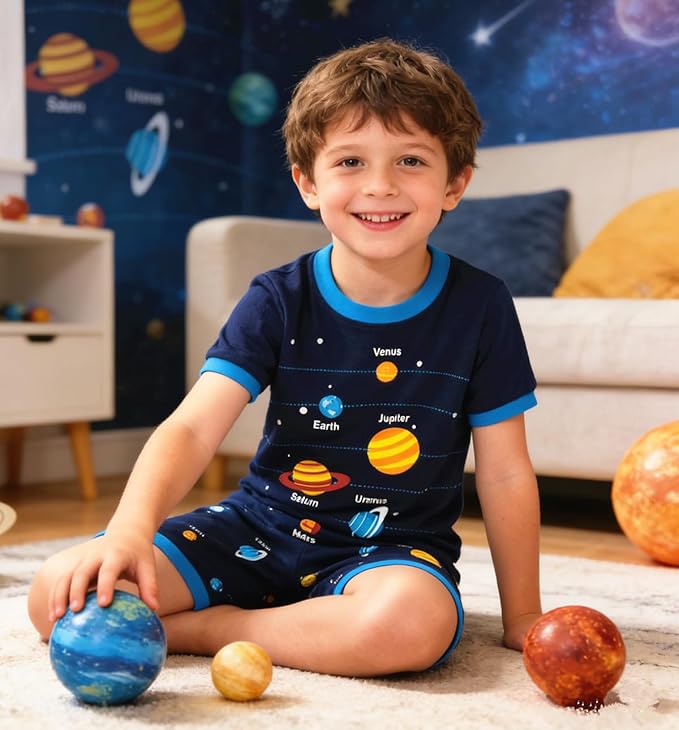 Popshion Boys Pajamas 100% Cotton Toddler Clothes Summer Pjs for Boy Planet Dinosaur Sleepwear Kids Short Sets 2-10 Years