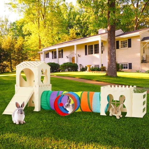 Extra Large Rabbit Hideout, Wooden Bunny Castle with Tunnel and Stair, Rabbit House Tower with Hay Feeder Sturdy Habitat for Guinea Pig Chinchilla Ferret Hamster