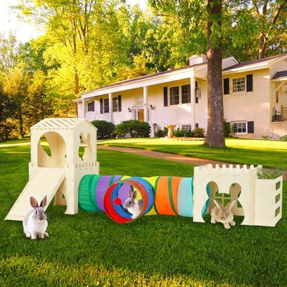 Extra Large Rabbit Hideout, Wooden Bunny Castle with Tunnel and Stair, Rabbit House Tower with Hay Feeder Sturdy Habitat for Guinea Pig Chinchilla Ferret Hamster