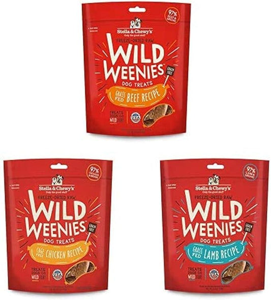 Stella & Chewy's Freeze-Dried Raw Wild Weenies Dog Treats (Bundle of 3, 3.25 oz. Bags) - Beef, Chicken, Lamb