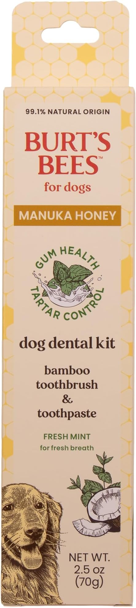Burt's Bees for Pets Dental Kit for Dogs with Bamboo Toothbrush & Toothpaste with Manuka Honey and Coconut Oil for Gum Health & Tartar Control, 99.1% Natural Origin Formula, Fresh Mint Flavor, 2.5 oz