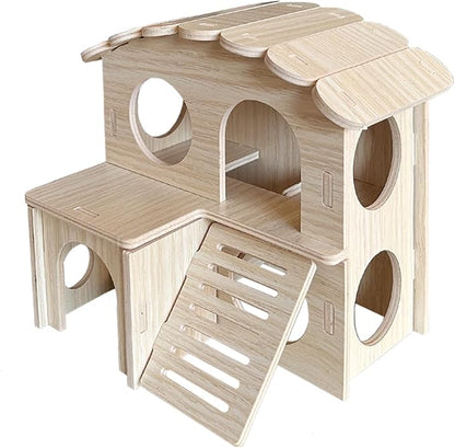 Wood Hamster House, Fun Tiny Hamsters Hideout, Detachable Double-Decker Hut for Dwarf Gerbil Mouse Mice Rat Small Animals(Only for Small Hamster)