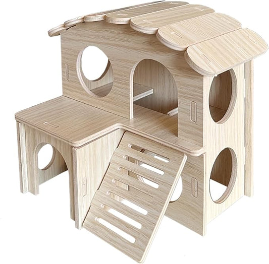 Wood Hamster House, Fun Tiny Hamsters Hideout, Detachable Double-Decker Hut for Dwarf Gerbil Mouse Mice Rat Small Animals(Only for Small Hamster)