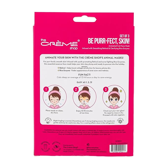 The Crème Shop Animal Face Mask 3 Pack - Bundle with 3 Cat Face Masks Made in Korea with Retinol and Rice Enzyme for Smoothing and Clarifying | The Creme Shop Skin Care