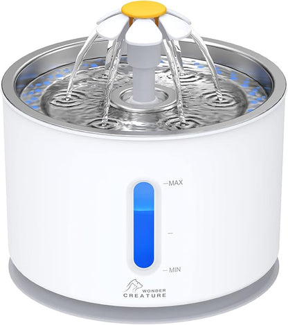 Wonder Creature Cat Water Fountain Stainless Steel Lid 81oz/2.4L | Quiet Pet Fountain, LED Water Level Window, Multi-Layer Filter, Dishwasher-Safe Stainless Steel Lid for Cats and Dogs