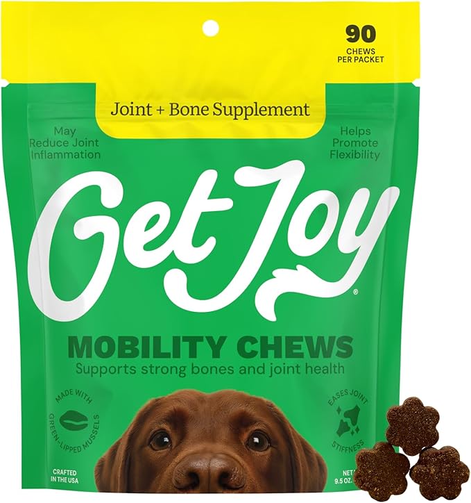 Get Joy Mobility Chew, Hip & Joint Supplement for Dogs, Vet Recommended Soft Daily Activity & Flexibility Support with Glucosamine, MSM & Green-Lipped Mussel, Made in USA, 90 Count