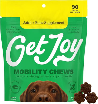 Get Joy Mobility Chew, Hip & Joint Supplement for Dogs, Vet Recommended Soft Daily Activity & Flexibility Support with Glucosamine, MSM & Green-Lipped Mussel, Made in USA, 90 Count