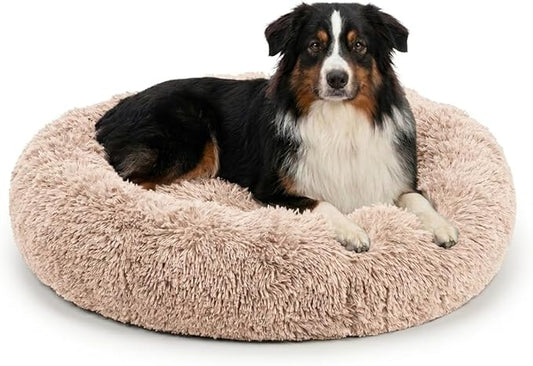 Active Pets Calming Plush Dog Bed Donut Joint Support Anxiety Relief Washable Pet Bed with Removable Cover for Dogs Cats, Large 36", Beige