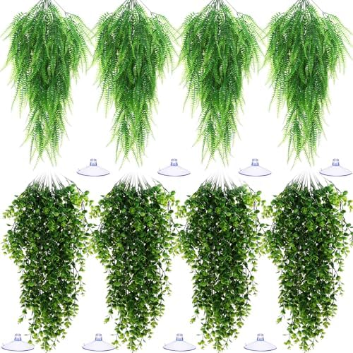 Suncalla 8 Pack Reptile Plants Terrarium Hanging Plant Vine Boston Climbing Terrarium Plant with Suction Cup for Bearded Dragons Lizard Crested Gecko Snake Crab Tank(Classic Series,Light Dark Green)