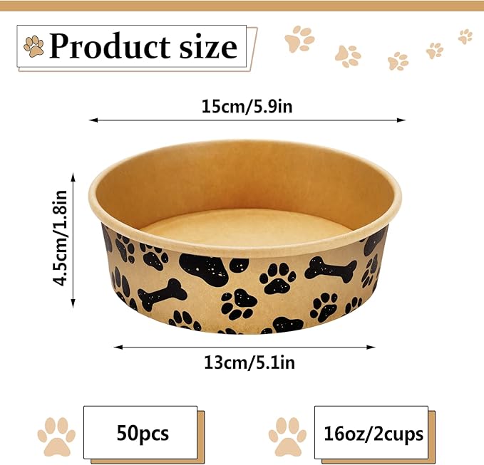 Whaline 50Pcs Disposable Feeding Bowls Cute Kraft Paper Dog Bowls Small Dog Dish 16 Ounces 2 Cup Pet Food Bowls Serving Food Tray for Puppy Cat Travel Wet Dry Food Water