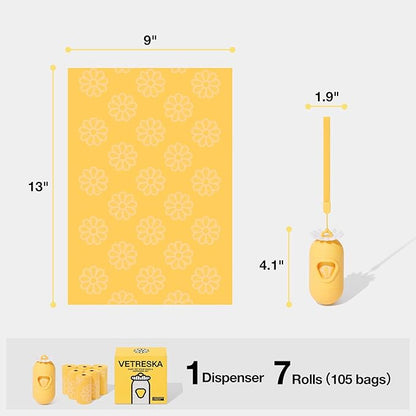 VETRESKA Dog Poop Bag Dispenser with Daisy Scented Waste Bags Leak-proof and Extra Thick Poop Bags for Dog Walking and Cat Litter 1 Holder and 105 Bags (7 Refill Rolls)