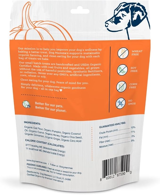 Dog Mamma's Organic Pumpkin Snaps Recipe - Certified Organic Dog Treats 6 oz