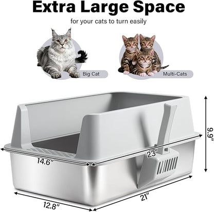2PACK Stainless Steel Litter Box, Extra Large Cat Litter Boxes for Big Cats, XL Metal Cat Litter Box with High Sides Lid, Anti-Urine Leakage, Non-Sticky, Scoop and Mat Included