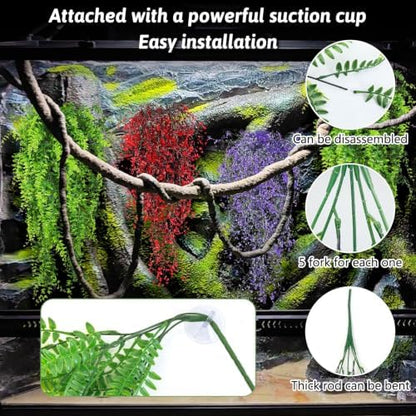 PINVNBY 8 Pack Reptile Plants Terrarium Hanging Fake Vines with Suction Cup Artificial Leaves for Bearded Dragons Lizards Geckos Snake Hermit Crab (4PCS Green, 2PCS Purple and 2PCS Red)