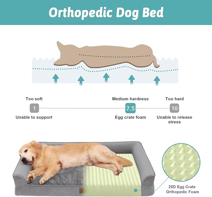 COZY KISS Orthopedic Dog Beds for Large Sized Dog, XL Bolster Pet Couch with Waterproof Lining, Egg Crate Foam Sofa for Pets Up to 100 lbs, U-Shaped, 48x32x7.5 inch, Grey