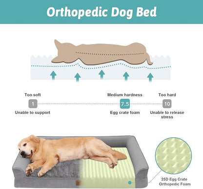 COZY KISS Orthopedic Dog Beds for Large Sized Dog, XL Bolster Pet Couch with Waterproof Lining, Egg Crate Foam Sofa for Pets Up to 100 lbs, U-Shaped, 42x30x7.5 inch, Grey