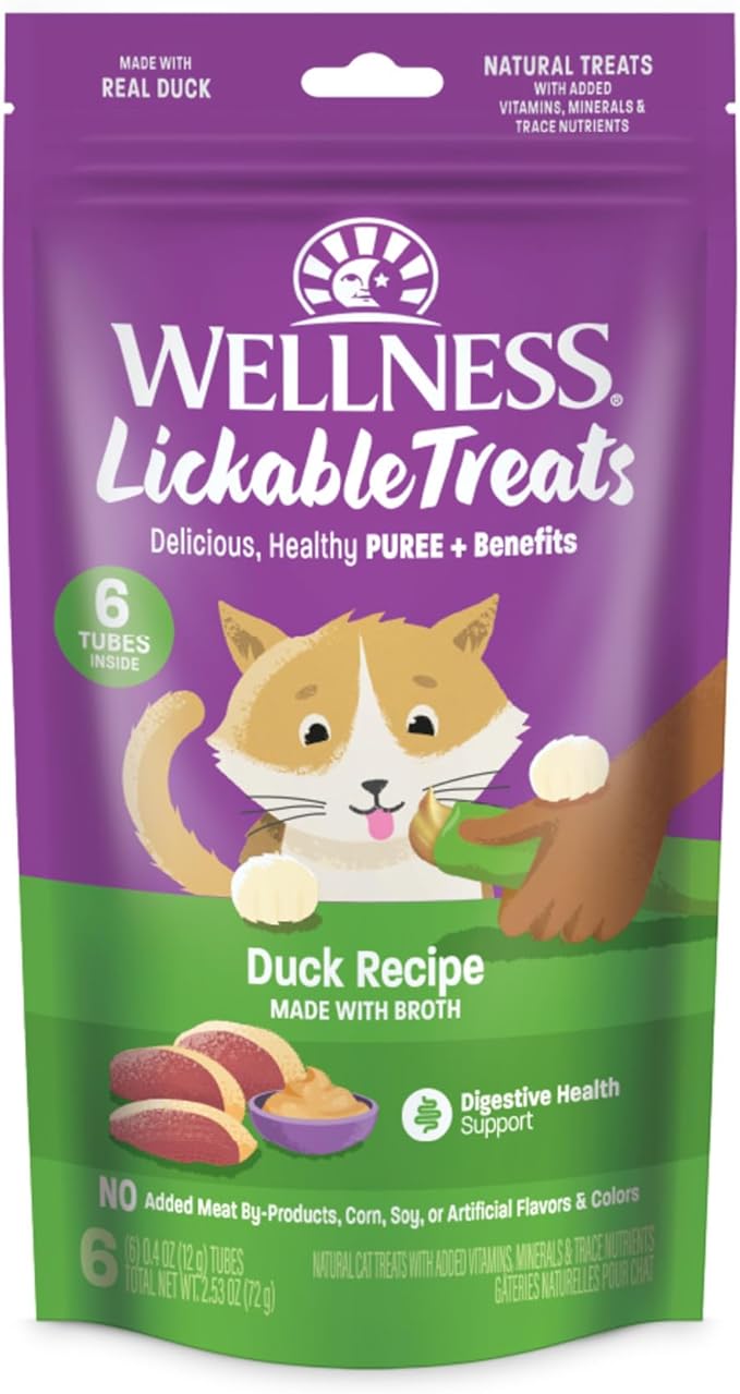 Wellness Lickable Treats Soft Puree Natural Grain Free Adult Cat Treats, Duck Recipe, Contains 6-0.4 Ounce Squeezable Tubes