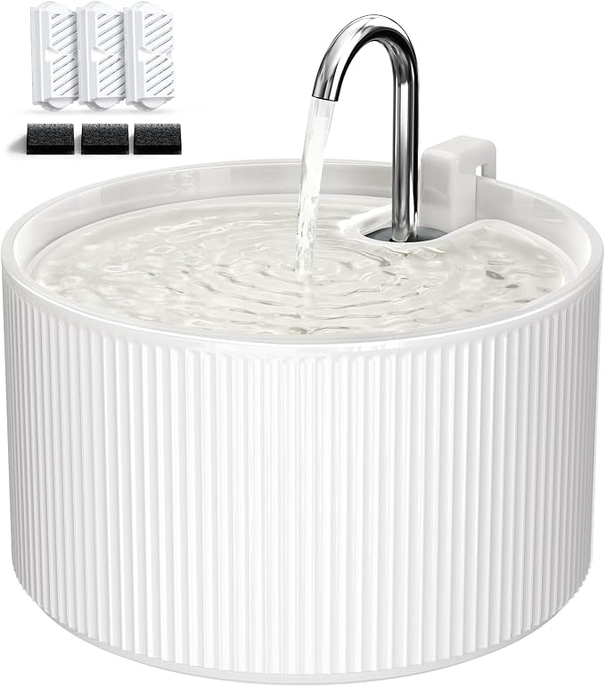 Voluas 2.2L Ceramic Cat Water Fountain with 3 Filter Automatic Pet Fountain | 74oz capacity, ceramic bowl, 4-layer filtration, ultra-quiet pump, faucet and bubbling modes, easy to clean, dishwasher-safe