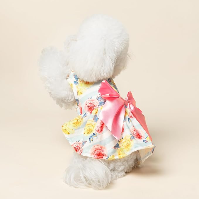 PUPTECK Floral Dog Dress for Spring Outfit Puppy Cute Small Dogs Clothes,Stripe,M