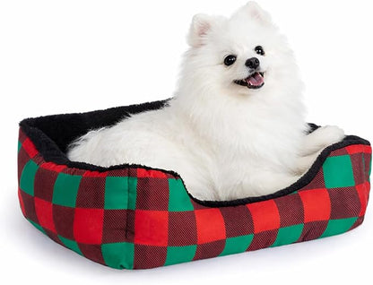 Hollypet Printed Flannel Rectangle Plush Dog Cat Bed Self-Warming Pet Bed, Christmas Red and Green Check