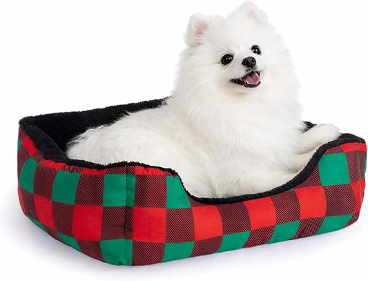 Hollypet Printed Flannel Rectangle Plush Dog Cat Bed Self-Warming Pet Bed, Christmas Red and Green Check