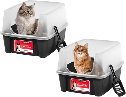IRIS USA Large Open Top Cat Litter Box with High Sided Walls Tall Scatter Shield Scoop Included Easy Clean Plastic Pan Stain Resistant for Cats Kittens Indoor Multi-Cat Households 2-Pack Black