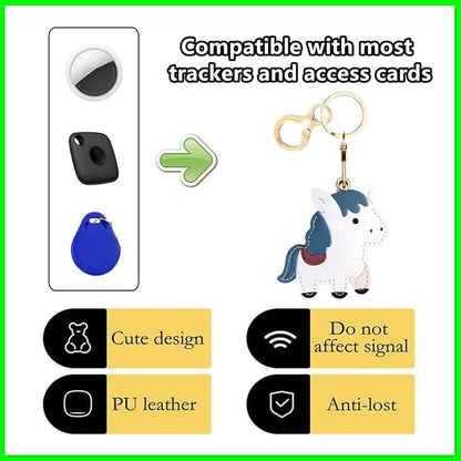 Leather Keychain Holder Case Compatible with AirTag,Cute Protective Cover with Keyring,Anti-Scratch Finder GPS Tracker Case for Wallet Keys,bag,pets,Backpack(White Horse)