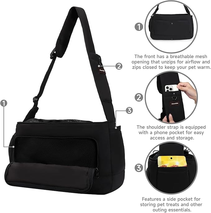 Pet Sling Carrier for Small to Medium Dogs and Cats, Fits 10–20lbs, Adjustable Soft Padded Shoulder Strap Dog Sling Carrier with Storage Pocket for Hands-Free Outdoor Travel & Hiking Black