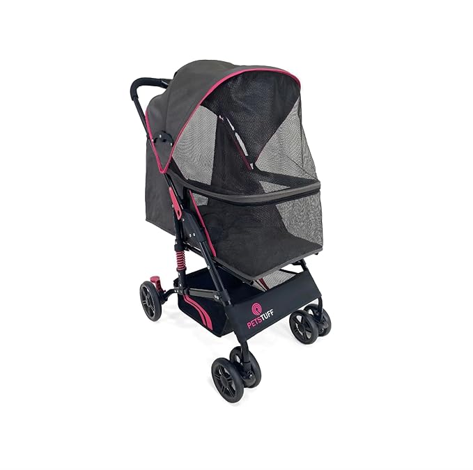 27.2” Buddy Buggies Foldable Pet Stroller - Shock Absorbing Frame with Storage - Machine Washable Fabric - Durable Mesh & UV Protected Retractable Canopy - Cat & Dog Stroller Up to 60lb