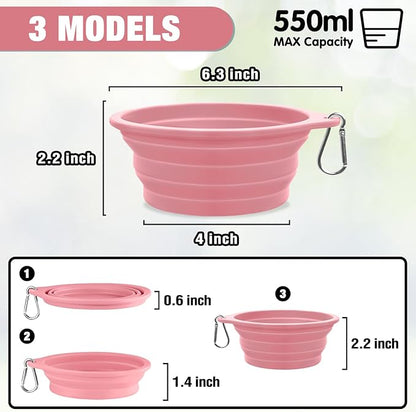 Rest-Eazzzy 2-Pack Silicone Collapsible Dog Bowls, BPA Free Dishwasher Safe, Portable Foldable Travel Bowl, Food Water Feeding Cup Dish for Dogs Cats with 2 Carabiners (Grey, Pink, 550 ML)