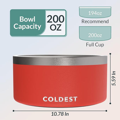 Coldest Dog Bowl - Anti Rust Metal, Non Slip, 3 Layers Insulated Stainless Steel Dog Bowls - Spill Proof & Heavy Duty - Water Bowl for Dogs, Cats & Pets, Dish Washer Safe (200 oz, Crimson Red)
