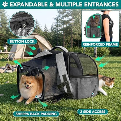 PetAmi Expandable Dog Backpack Carrier for Cats & Pets, Breathable Cat Carrier Backpack with Top Window & Multi-Entry, Ventilated Foldable Travel Carrier for Small Medium Pets up to 18 lbs, Light Gray