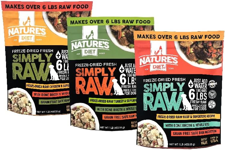 Nature's Diet Simply Raw Freeze-Dried Whole Food Meal - 1 lb Sample 3 Pack Fresh Food with Muscle, Organ, Bone Broth, Whole Egg, Superfoods, Fish Oil Omega 3, 6, 9, Probiotics, Prebiotics