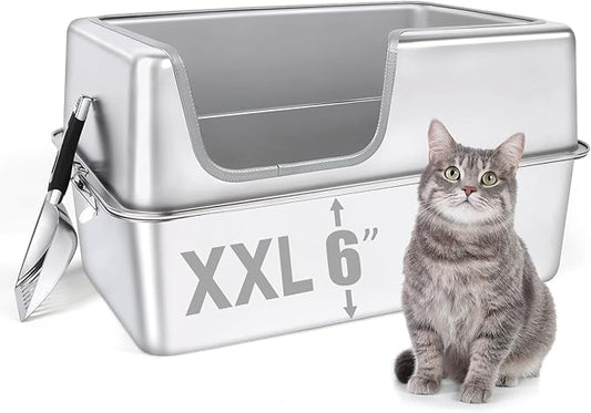 Stainless Steel Cat Litter Box, 23.6" L x 15.7" W x 11.8" H XXL Extra Large Semi Enclosed Removable Metal Litter Tray with High Sided Enclosure, Scoop, Non-Sticky, Easy Cleaning