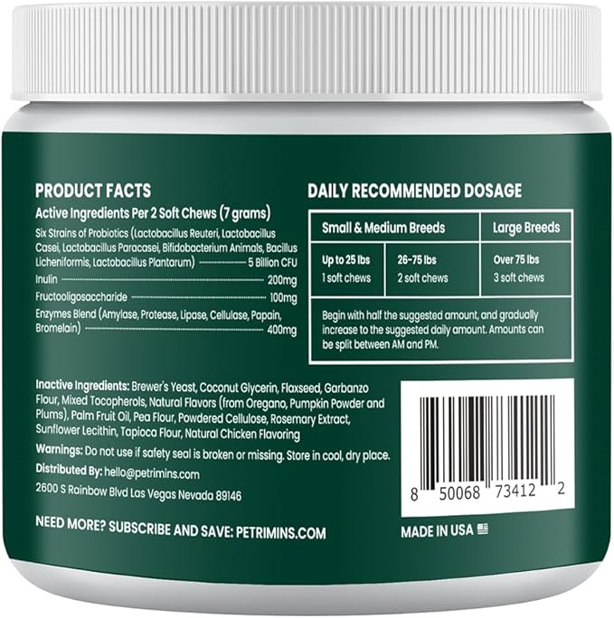 Advanced Probiotic for Dogs, Supports Digestive Health, Immune Health, Gut Health, Improves Nutrient Absorption - Six Strains of Probiotics - Inulin - Enzyme Blend, 90-Count, Chicken