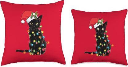 Santa Black Cat Tangled Up in Christmas Tree Lights Holiday Throw Pillow