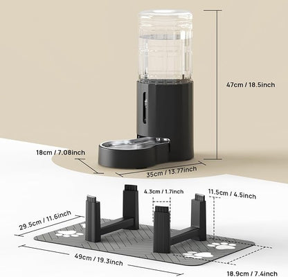 CZPET Elevated Dog Water Bowl Dispenser with Mat (9.5L+Stand+Mat,Black) | With Stainless Steel Bowl Gravity Waterer, Large Capacity and Drinking Area Noise-Free for Pets