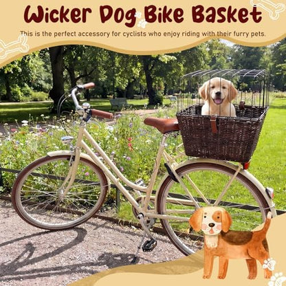 Wicker Dog Bike Basket for Small Dogs up to 8-10 Lbs, Flat-top