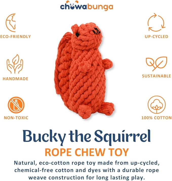 Bucky The Squirrel Dog Toy Handmade Eco Cotton Rope Squirrel Toy for Dogs - Natural, Non-Toxic Dyes, Dog Chew Toys for Small & Medium Breed Dogs, Cats (Large)
