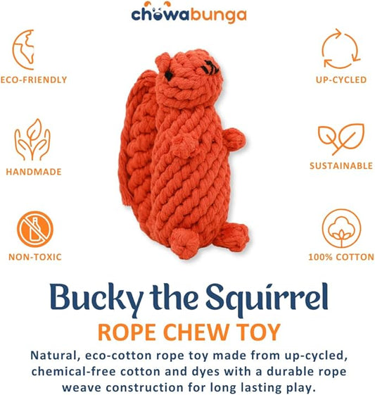 Bucky The Squirrel Dog Toy Handmade Eco Cotton Rope Squirrel Toy for Dogs - Natural, Non-Toxic Dyes, Dog Chew Toys for Small & Medium Breed Dogs, Cats (Large)