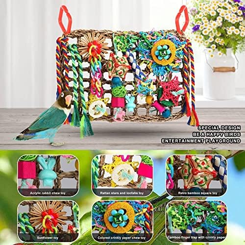 Foraging Toys for Parakeets Cockatiel Conures Lovebirds - Seagrass Wall with Various Bird Toys